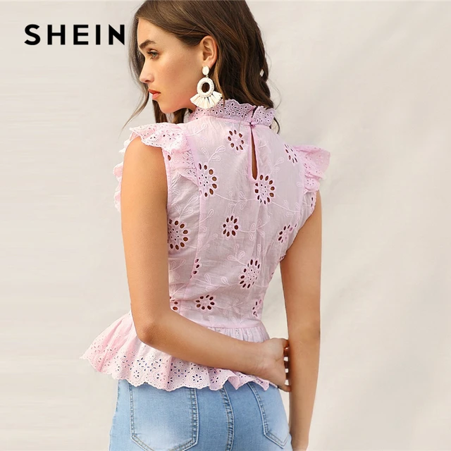 SHEIN Pink Ruffle Trim Lace Eyelet Embroidered Peplum Top Sleeveless