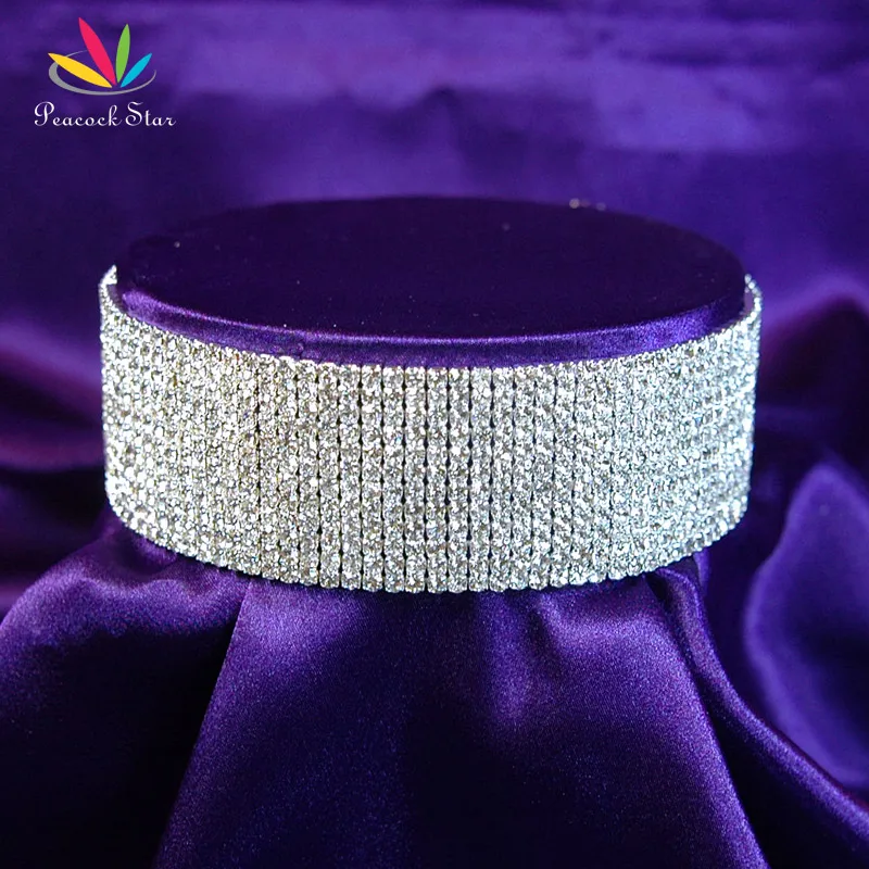 Pfau Stern Pageant Hochzeit Prom Halsband Halskette Stretch 12 Reihe Strass w/Elastische Schnur CC025