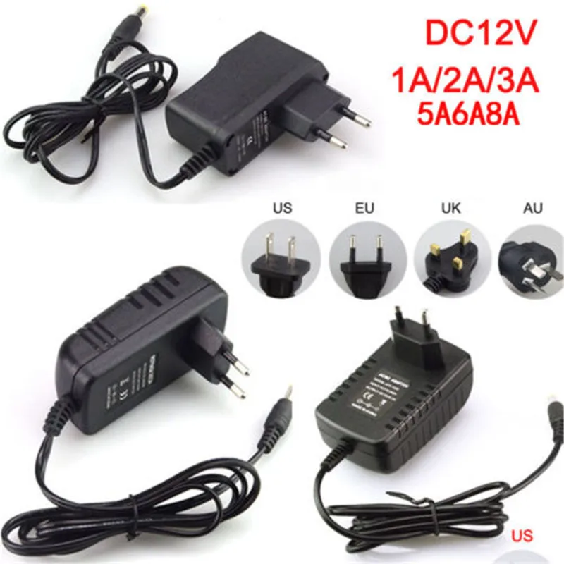 AC100-240V для DC12V 1/2/3/5/6/8A Питание адаптер трансформатор для 5050 3528 5630 Светодиодные ленты US EU UK AU Питание