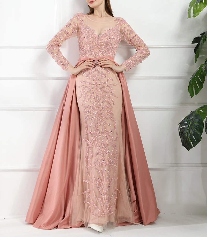 Мусульманское вечернее платье русалки с длинными рукавами, блестящее вечернее платье со шлейфом, роскошное вечернее платье с бисером и кристаллами, настоящая фотография LA6172 - Цвет: pink