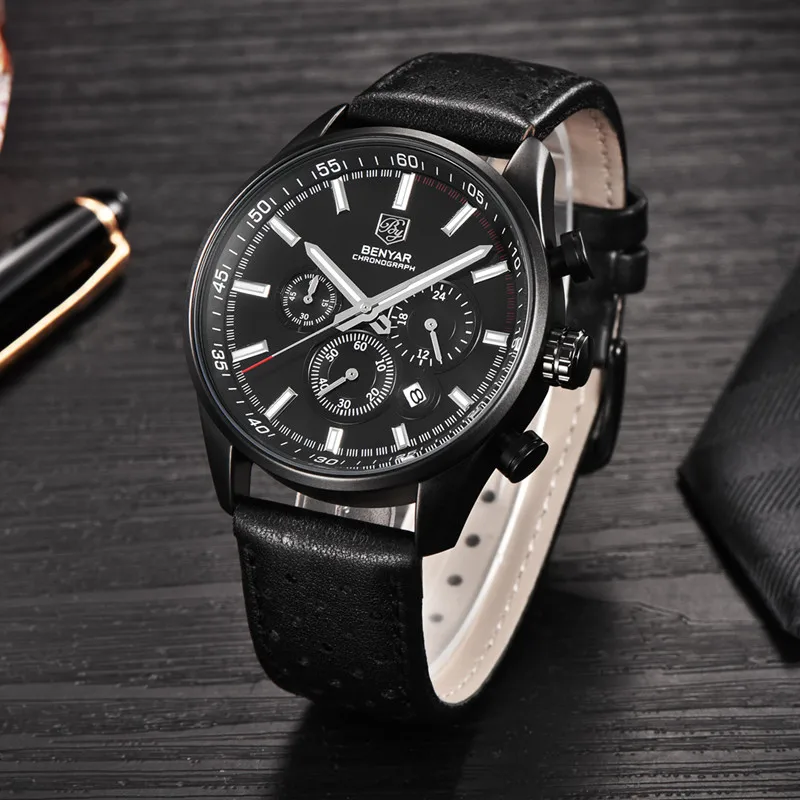 BENYAR Luxury Brand Military Watch Men Quartz Analog Clock Leather Strap Clock Mens Sports Watches 