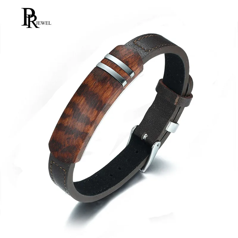 

Retro Rosewood Genuine Leather Stainless Steel Inlay Tag Belt Buckle Clasp Adjustable Bracelet