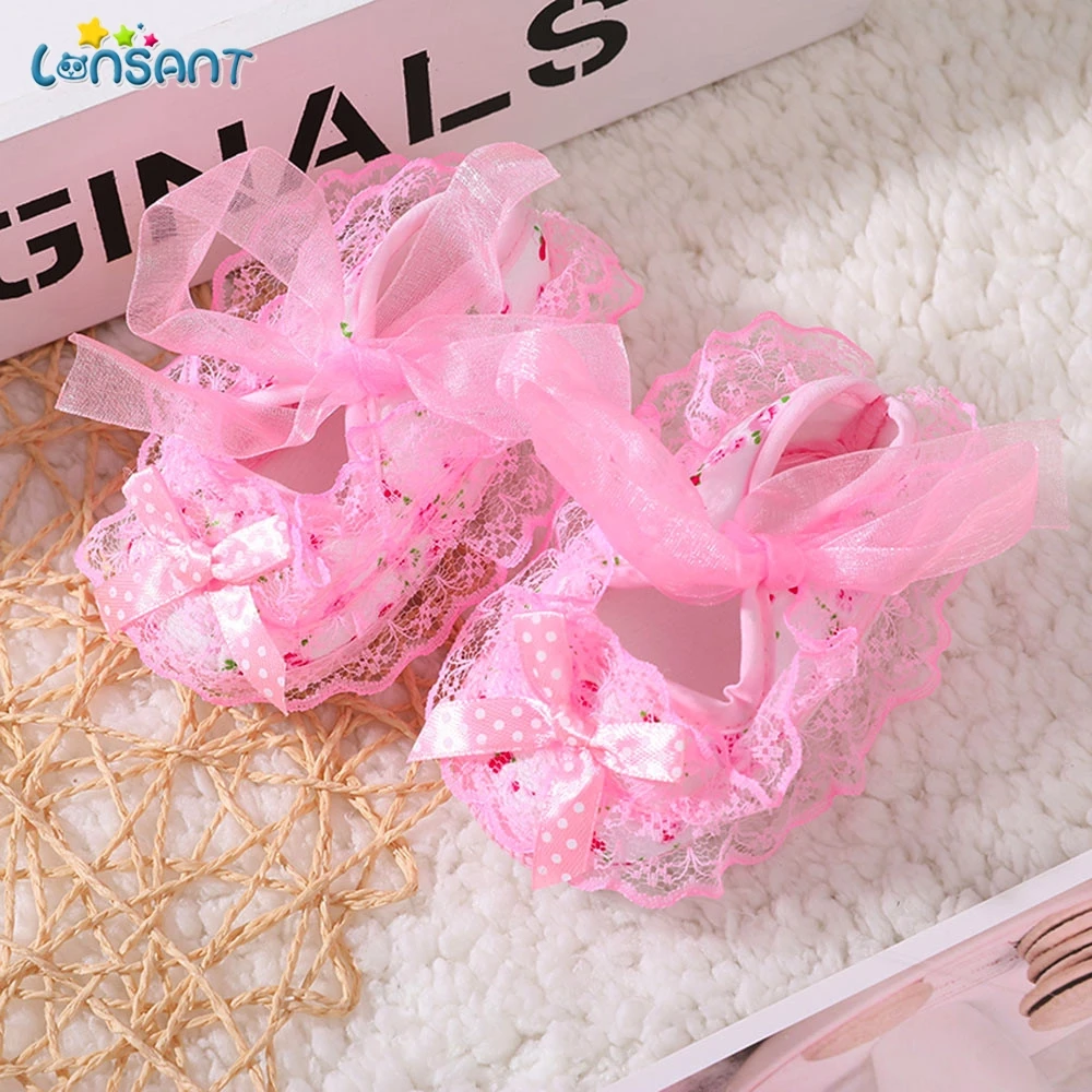 

LONSANT Cute Sweet Toddler Baby Lace Shoes Newborn Baby Girl Soft Shoes Soled Lace Floral Print Bowknot Footwear Crib Shoes