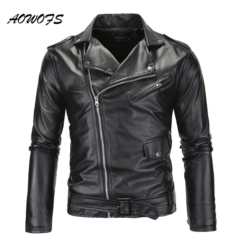 Aowofs мужские кожаные куртки Slim Fit Мотоциклетные Куртки мужские на молнии легкие Панк кожаные куртки мужские пальто из искусственной кожи белые