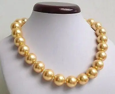 

18" LONG GOLD SOUTH SEA SHELL PEARL BEADED 14mm NECKLACE AAA style Fine Noble real Natural free shipping