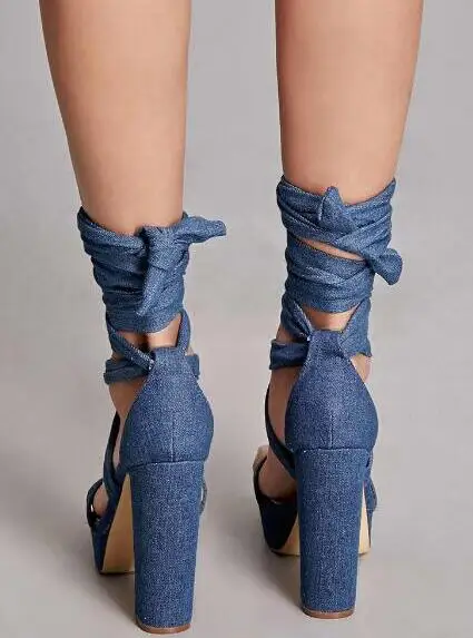 Sexy Blue Denim Block Heel Platform 