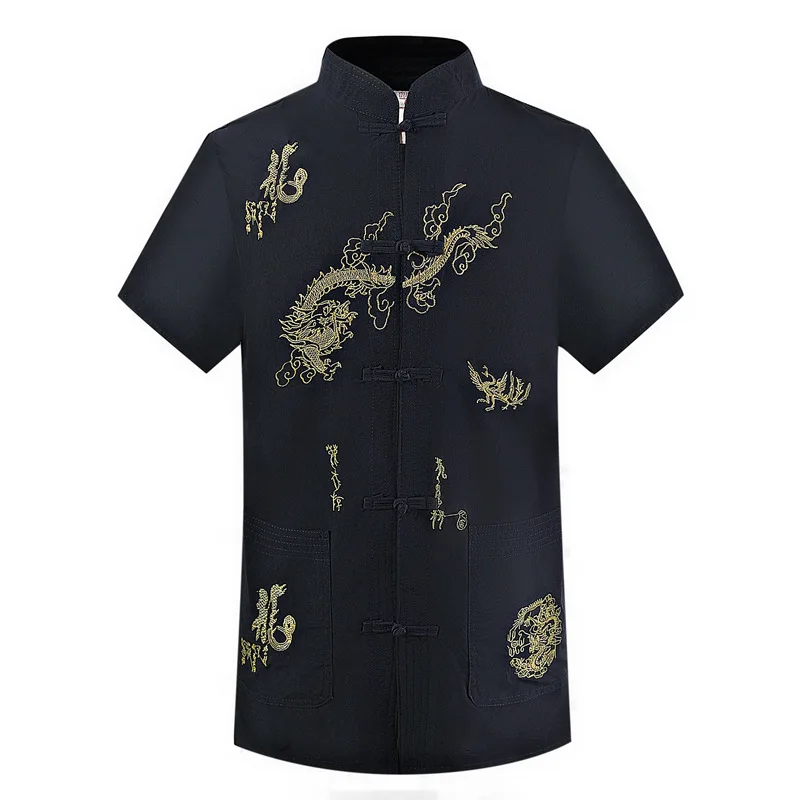 

Streetwear Korean Hiphop Punk Gothic Embroidery Dragon Letter Stand Collar Chinese Knot Button Blouse Plus Size Shirt Men Linen
