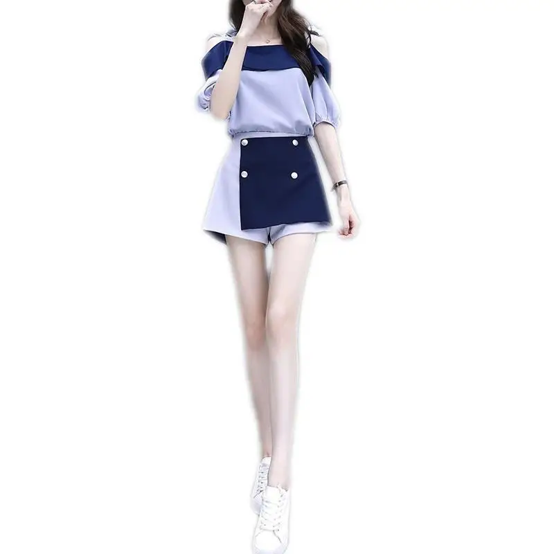 

2019 New Summer Women Off Shoulder Elegant Ruffles Tops + Elastic Waist Loose Midi Short Set Female Patchwork Casual Suits Z205