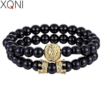 

XQNI Natural Lave Bracelet Black Color 8mm Stone Lion & Crown Special Design Jewelry Neo-Gothic Style Beads Bracelet For Men