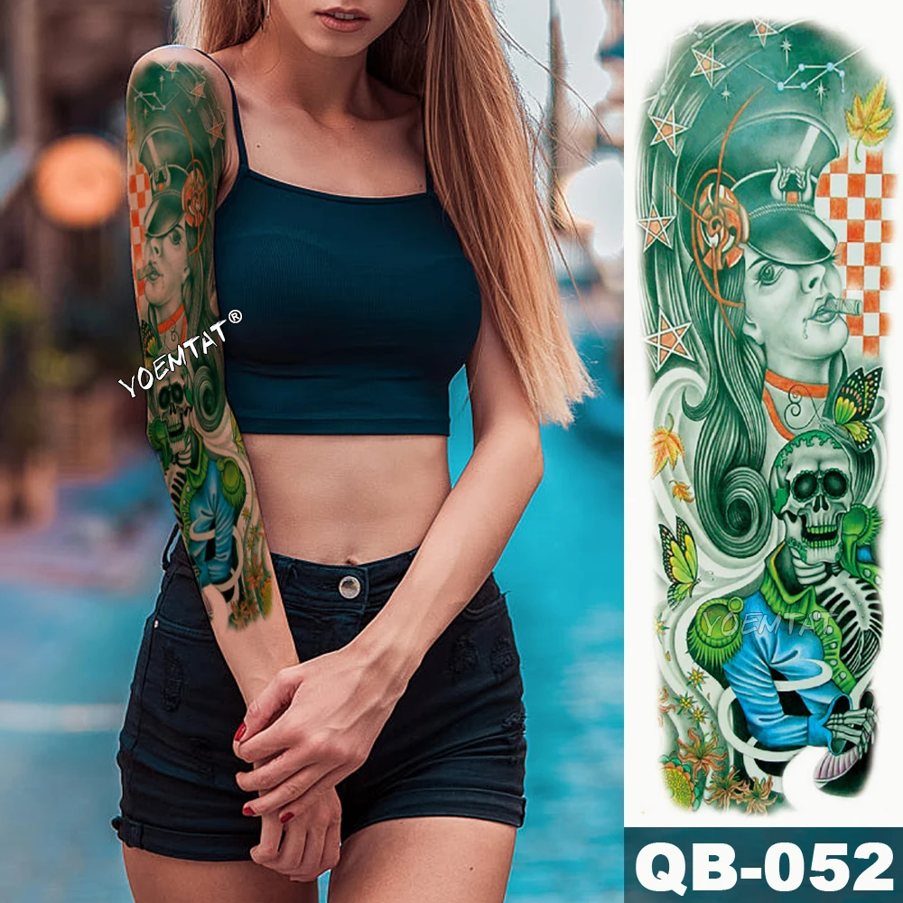 

New 1 Piece Temporary Tattoo Sticker Music colonel Skull style Tattoo with Arm Body Art Big Sleeve Large Fake Tattoo Sticker