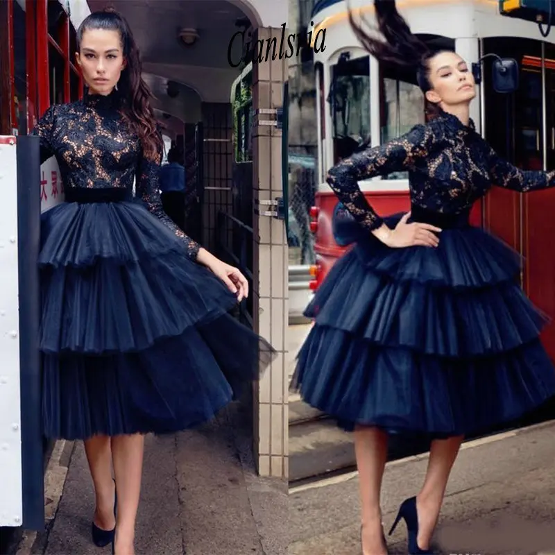 

Little Black Lace Arabic Gothic Short Cocktail Dress High Neck Long Sleeves Holiday Club Homecoming Party Dress