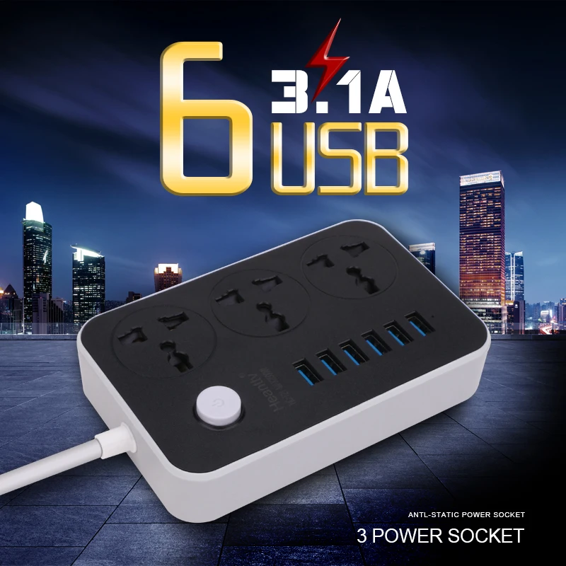 1 8M Power Extension Cord Socket With 6 USB Power Strip 3 Outlets Adapter Wall Charger