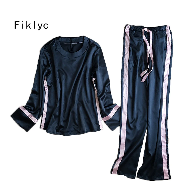 

Fiklyc brand full sleeve women's korean style round neck satin pajamas sets ladies casual sleepwear homewear set with long pants