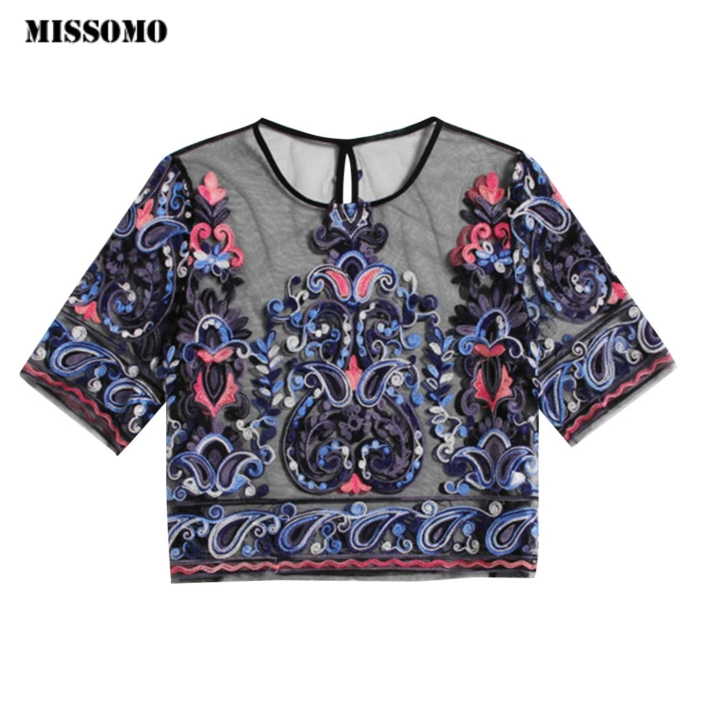 

MISSOMO womens tshirts casual Ladies transparent top Short Sleeve Mesh top Round Neck Embroidery Shorts womens t shirt tops 716