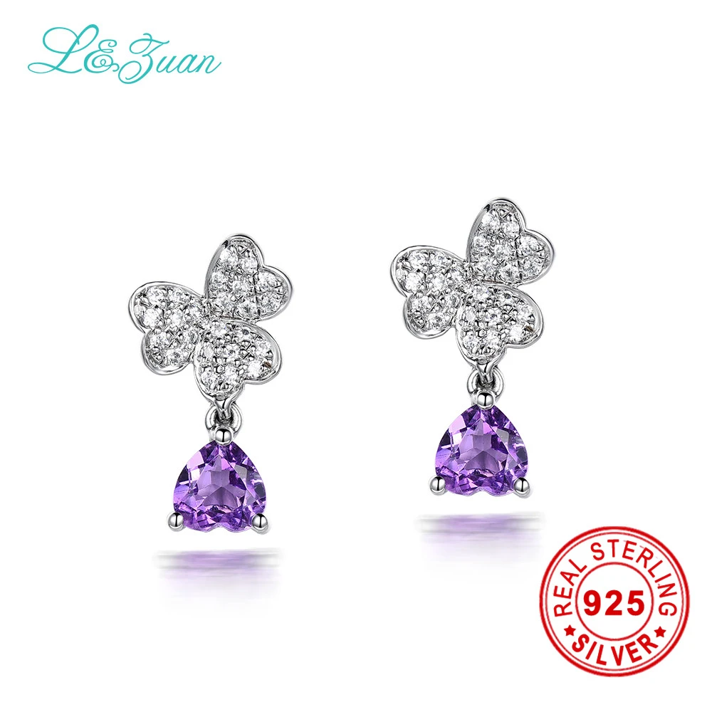 

l&zuan 925 Sterling Silver earrings 0.89ct Natural Amethyst Purple Stone Elegant Butterfly Stud Earrings For Women