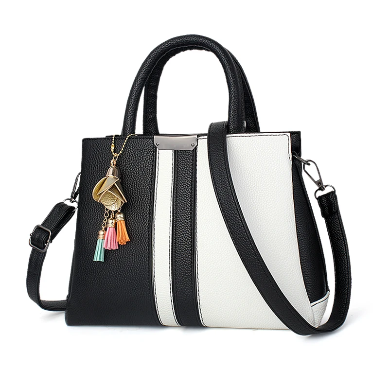 Brand New Women Handbag Black and White Stripe Tote Bag Female Shoulder Bags High Quality PU ...