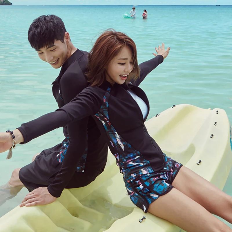تصفح ملابس السباحة الأزواج خليط اقتصاص طباعة طفح الحرس المرأة الرجال السباحة قميص طويل الأكمام ملابس السباحة تصفح الملابس لمحبي