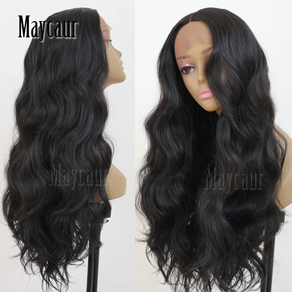 Maycaur Hair Middle Part Long Body Wave Hair Lace Wigs Glueless Black Color Synthetic Lace Front Wigs for Black Women