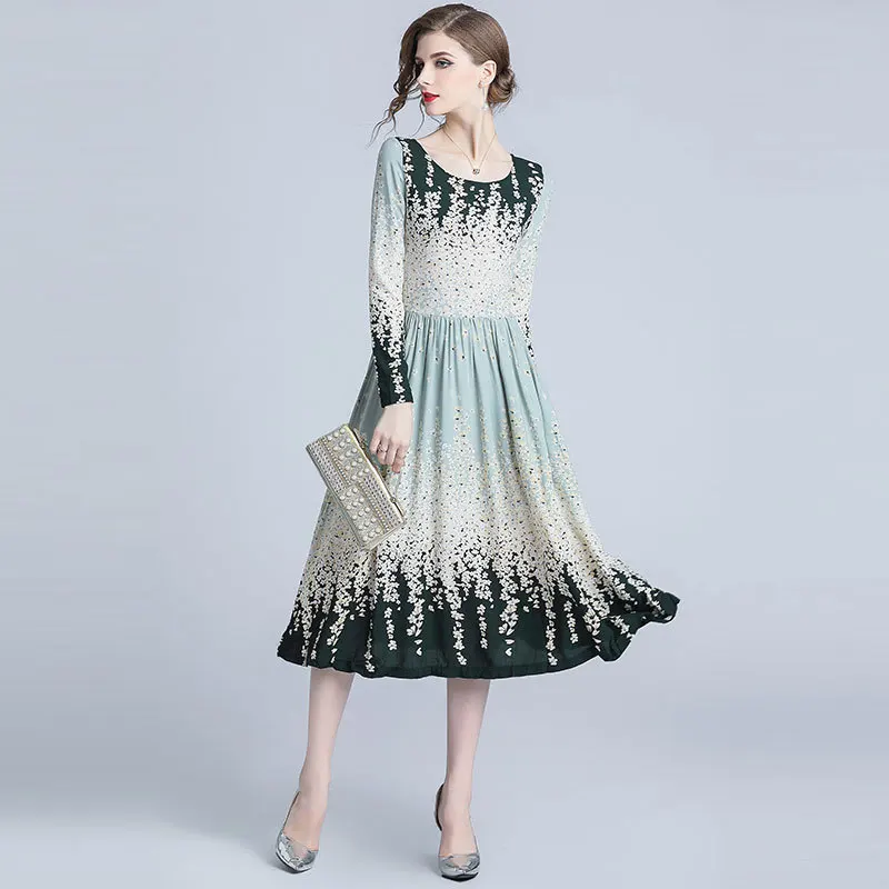 

Sweet Gradient Color Floral Print Tunic Midi Dress Women Elegant Office Party Fashion Beach Dress Spring Long Sleeve Clothing