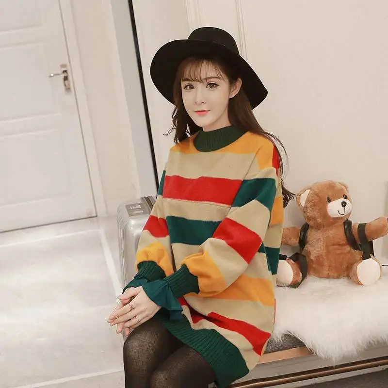 Осенне-зимний свитер для беременных, модная разноцветная полосатая одежда для беременных, топы для беременных женщин