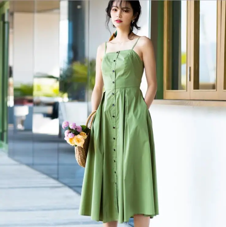 

All-match High Wasit Spaghetti Strap Dress Solid Slash Neck Single Breasted Women Summer Ladies Dresses Sundress