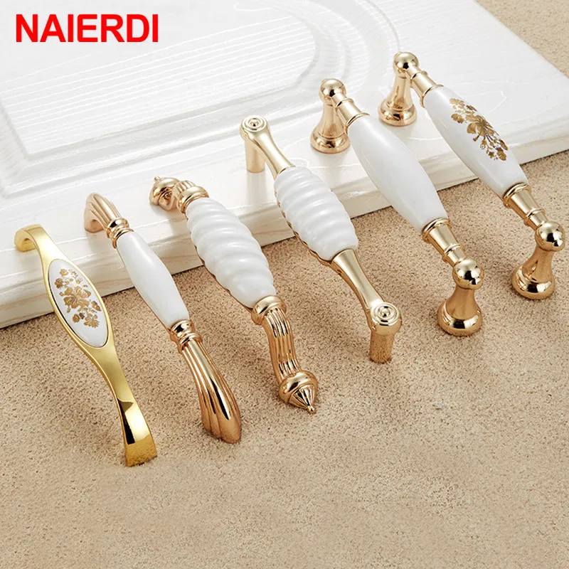 NAIERDI Gold White Creamic Gold Cabinet Handles Knobs Drawer Pulls Kitchen Door Handles Furniture Handle Cabinet Door Hardware