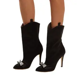 US4-12 женщин кристалл бантом острый носок атласные шелковые Ботильоны Туфли на высоком каблуке, Высокий каблук обувь тянуть на цвета: черный
