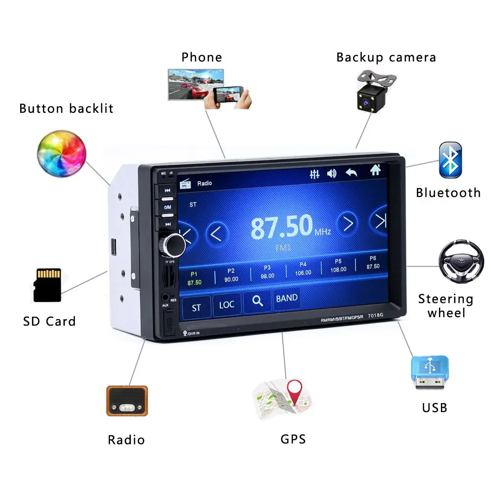 

7018G 2 Din 7 inchHD Touch Screen Car Radio Multimedia MP5 Player GPS Navigation with Camera and Maps Bluetooth Audio Stereo(E