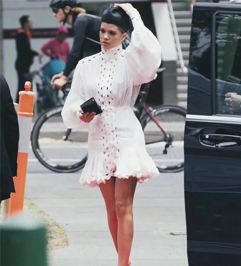 

Vintage White/Black Lantern Sleeve Ruffles Mini Mermaid Dress 2019 Women Spring Designer Runway Dress