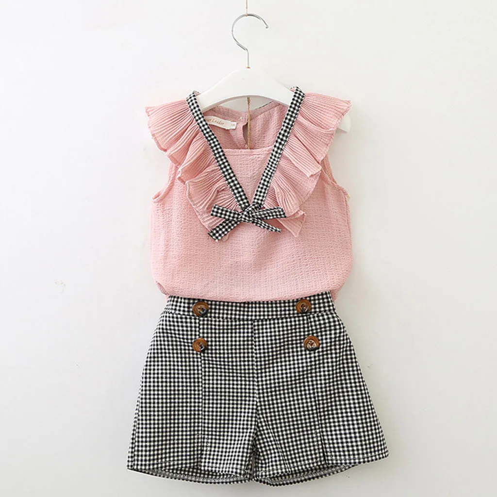 

Toddler Girl Clothes Summer New Girls' Clothing Sets Kids Sleeveless Bowknot Vest Tops+Plaid Shorts Pants Outfits Age 2-7Y Set