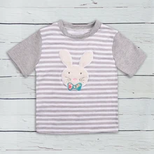 

CONICE NINI Brand Original Design O-neck Short Sleeves Gary Strips Bunny Applique Easter Day Boys Shirts BSY811-111-HY