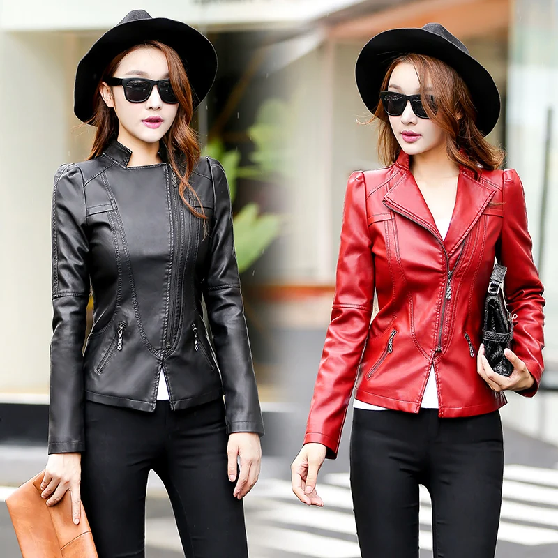 High end fashion PU leather jacket Autumn Winter long