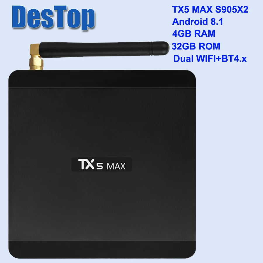 

Tanix TX5 Max Smart TV Box Android 8.1 4GB LPDDR4 + 32GB EMMC Amlogic S905X2 2.4GHz + 5GHz WiFi BT4.2 Support 4K H.265