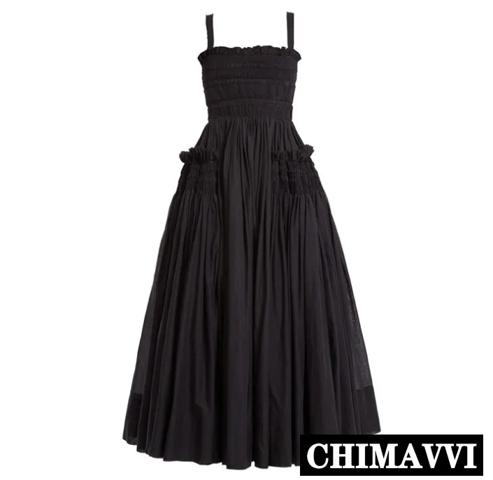 

2019 New Fashion Spring Women's Spaghetti Strap Back Hollow Slim Long Dress Female Elegant Slim A-line Dresses