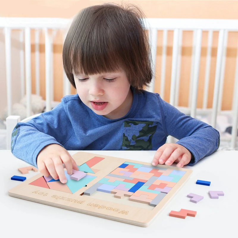 Деревянный тетрис Пазлы игрушки Красочные доска для головоломки Tangram T Word Puzzle игрушки Дети интеллектуал Ранние развивающие игрушки подарок