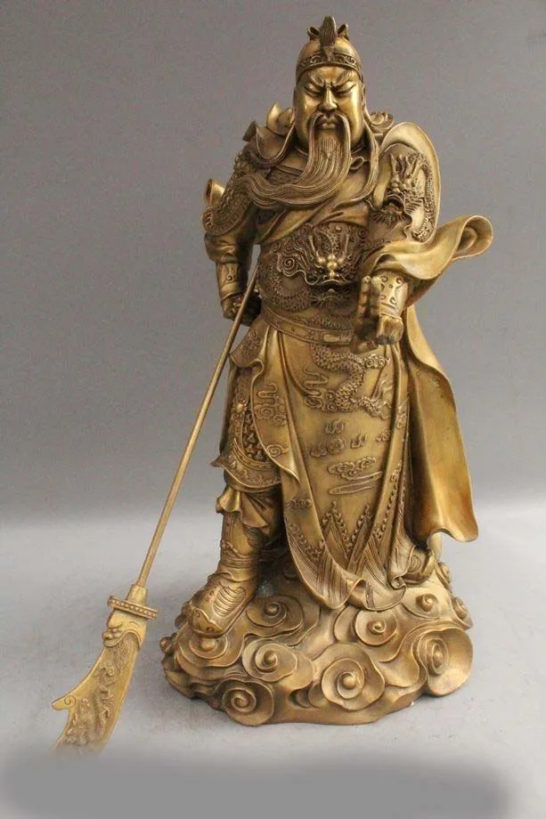 

15" Chinese Fengshui Brass Stand Guan Gong Yu Warrior God Dragon Sword Statue