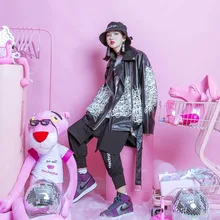 Жасмин летний порт ветер красивый bf Свободные Нерегулярные граффити с длинным рукавом лацкан искусственная кожа мотоциклетная куртка