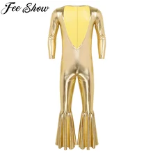 FEESHOW мужской Блестящий металлический глубокий v-образный вырез открытый нагрудный светоотражающий комбинезон с колокольчиком внизу, расклешенный комбинезон трико боди Клубная одежда для выступлений