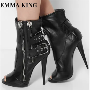

EMMA KING Sexy Women Summer Boots Open Toe Double Buckle Strap Zipper Boots Thin High Heels Black Motorcycle Short Boots Women