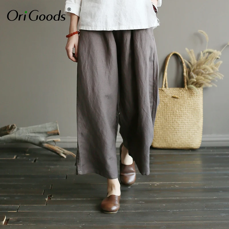 OriGoods 2019 Summer New Wide leg Pants Women Solid Black Elastic waist Wide leg Trousers Cotton Linen Plus size Pants A359