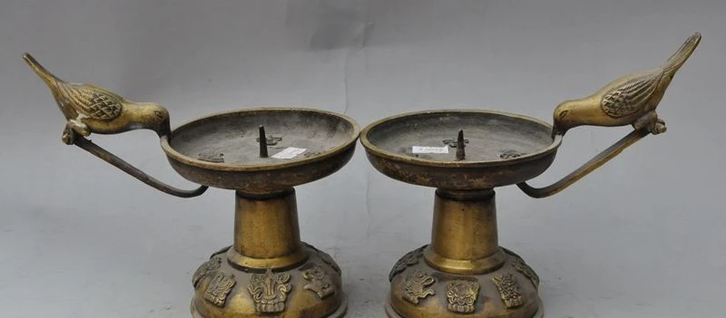 

7" china bronze Magpies bird 8 treasures statue Candle holders Candlesticks pair