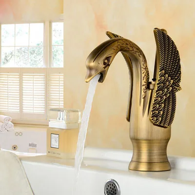 Античная латунь лебедь форма Ванная раковина кран одно отверстие традиционный стиль смеситель на бортике - Цвет: Antique Brass