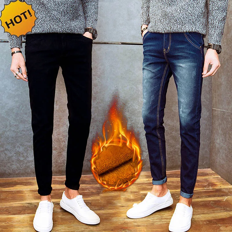 

New 2017 winter thicken thelmal add wool Slim Fit Warm Jeans Men Pencil Pants Student teenager Men biker jeans 28-34