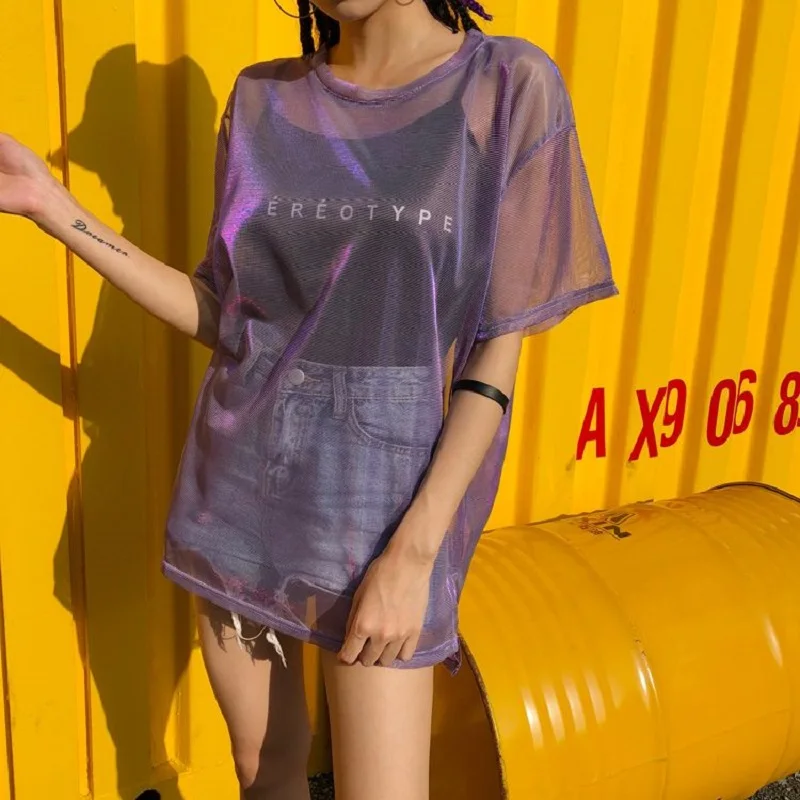

Summer Harajuku mesh two-piece female casual short-sleeved fun fashion large size loose sexy new O-Neck Solid letter T-shirt