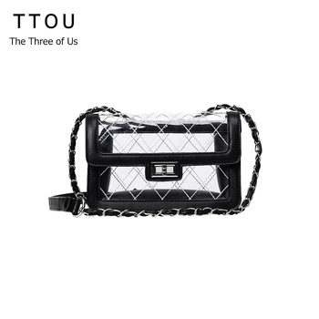 

TTOU Women Fashion Transparent Beach Bags Pu Leather Crossbody Bag Female Small Chain Bag Lattice Cross Shoulder Bags