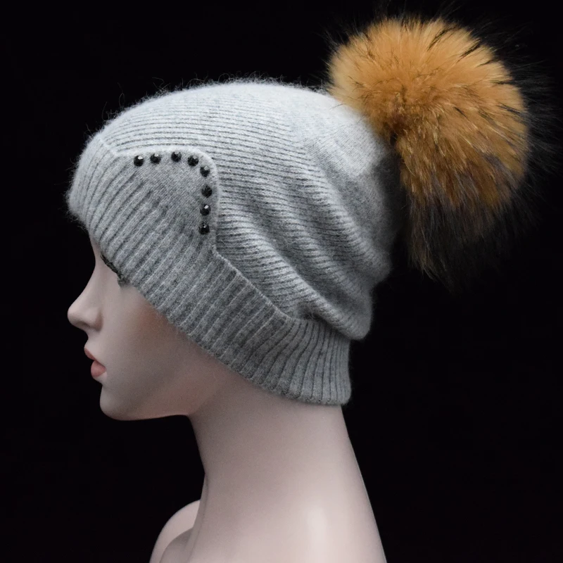 2017 Winter Autumn Pom Pom Beanies Hat Women Knitted Wool Skullies rhinestone cute ear Cap 22cm