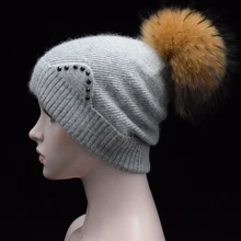 2017 год Осень Зима Пом Пом Шапочки Hat Женщины Вязаный Шерстяной Skullies горный хрусталь симпатичные уха Cap 22 см Реального Ракун Меховым Помпоном шляпы