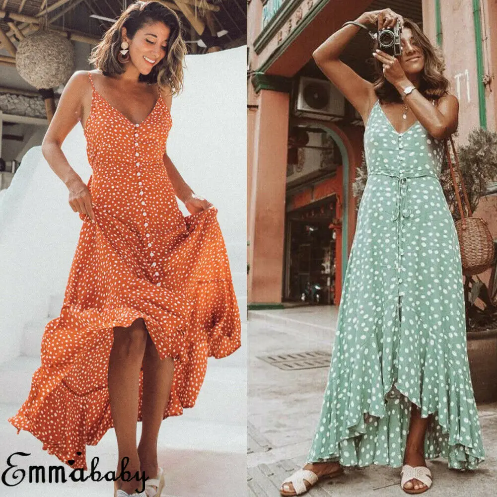 

Women Boho Long Maxi Dress Lady Party Evening Summer Beach Sundress Sleeveless Polka Dot Holiday Dress