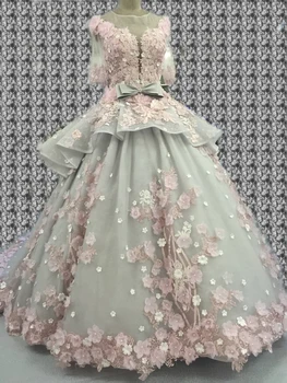 

Vintage Ball Gown Wedding Dresses 2019 Real Photo 3D Floral Handmade Flowers Court Train Half Sleeves Cheap Bridal Gowns