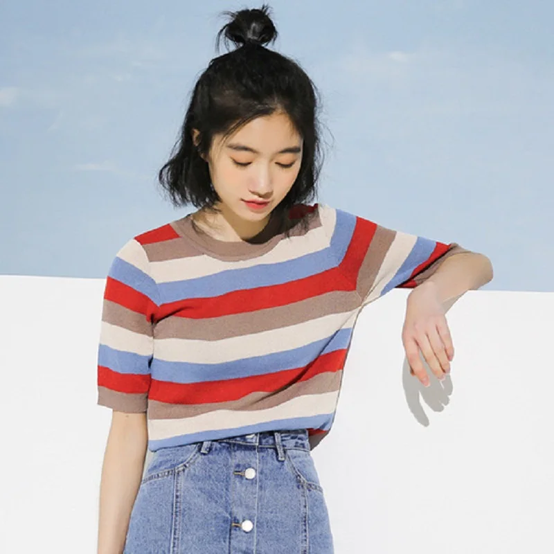  Korean  Multi Color Striped Vintage Fashion  T Shirt  Women 